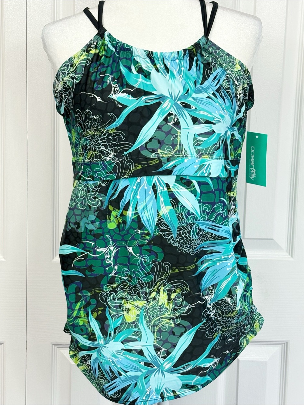 NWT Ocean Lily Turquoise Tropical Halter Maternity Tankini Swim Top XXL